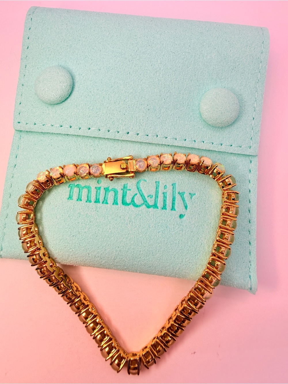 Mint & Lily Gold Plate Genuine White Opal Tennis Bracelet 8.5 Dual Safety Catch
